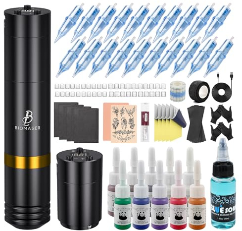 Biomaser kabelloses Gerät Set Kabellose Rotationsstift-Maschine 2 Stück 1500mAh Akku mit 20 Nadelstücken 10 Tintenflaschen Komplette Zubehörteile für Anfänger und Künstler