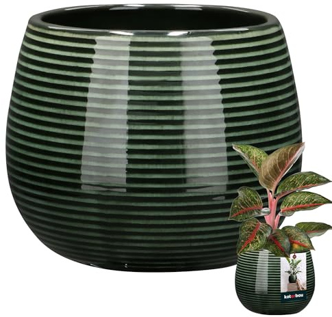 KOTARBAU® Pot De Fleurs Rond Vert Foncé avec ⌀ 12 Cm en Céramique Émaillée|Pot en Céramique Vert Foncé|Cache-Fleur en Céramique Émaillée Cannelée|Pot De Fleurs avec Finition Brillante