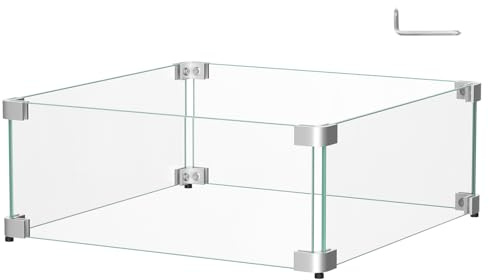 BriSunshine Protector de viento de vidrio de 16 x 16 x 6 pulgadas para mesa de fogata de gas propano, escudo cuadrado de vidrio templado grueso, barrera de vidrio para chimenea con soporte de esquina
