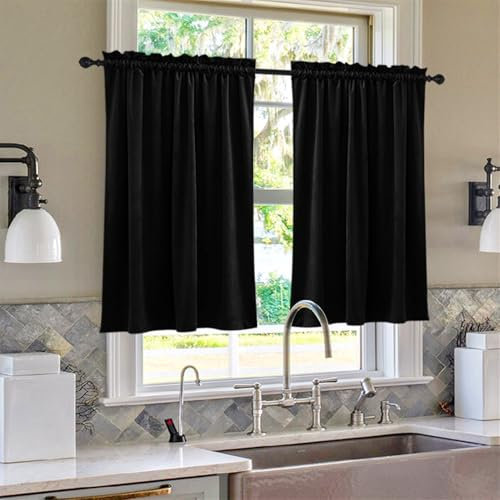 SK Studio Rideau Cuisine, 2 Panneaux Rideau Court Draperies Occultant Brise- Bise Décoration de Petite Fenêtre, Demi Rideau pour Placard/Porte/Cuisine, Passe Tringle, Noir, 84x46cm