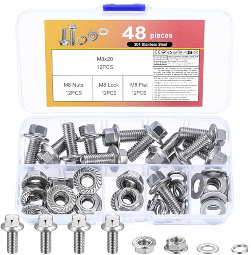 48 Pz Set di Viti M8, Set di Bulloni e Dadi, Bulloni Viti a Testa Esagonale Flangiati e Dadi Set, Metrici Viti Flangiate in Acciaio Inox, Viti Esagonali Flangiate e Dadi e Rondelle (M8 x 20 mm)