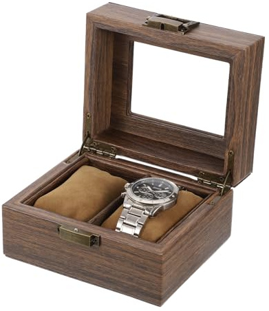 sourcing map Watch Box for Men, 2 Slots PU Leather Watch Display Organizer Case, Grain Watch Storage Box with Glass Lid and Removable Cushion for Most Watches Smart Watches