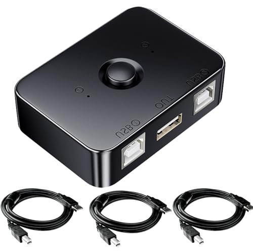 MISYNLON USB 2.0 Sharing Switch 2 in 1 Out, USB B Printer Selector, USB Switcher 2 Computers Sharing KVM Switch for Printer,Scanner,Keyboard, Include 3pcs USB A to B 59inch Print Cables