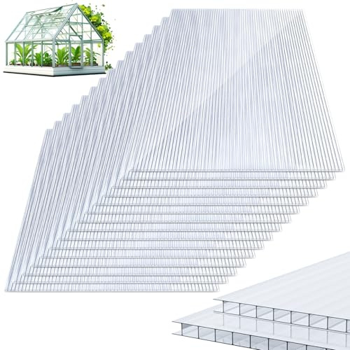 Herrselsam Lot de 14 plaques alvéolaires en polycarbonate de 4 mm - Plaque double paroi pour serre (60,5 x 121 cm) - 10,25 m² - Plaque de serre résistante aux UV - Pour serre - Jardin - Avec 50 pinces