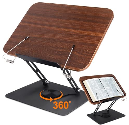 Buchständer Holz Verstellbarer Buchhalter mit 360° drehbarer Basis Kochbuchständer faltbar & tragbar leicht für Büro Küche Schule Lehrbuch Rezept Zeitschrift Kindle Tablet Laptop edler Retro
