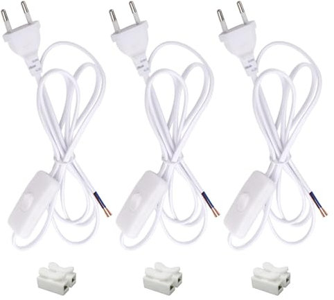 TXErfolg 3 Pièces Cordon avec Interrupteur 1,8M Câble D'alimentation avec Euro Fiche, 2 x 0,75 mm², 2 x Câbles de Connexion Câbles de Lampe avec Interrupteur pour Lumières, Lampes, Lampadaires (Blanc)