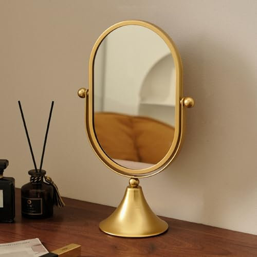 Hosoncovy Desktop Mirror with Stand Metal Frame Vanity Makeup Tabletop Mirror Oval Free Standing for Bathroom Bedroom (Gold)