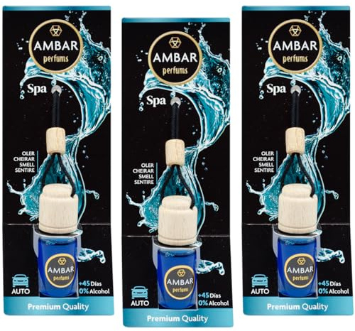 Ambar Perfums - Ambientador Coche Aroma Spa Pack 3 Unidades | Colgante 6,5 ml | Elimina Malos Olores | 0% Alcohol | Extractos Naturales | Duración +45 Días por Unidad | Aroma Relajante y Elegante