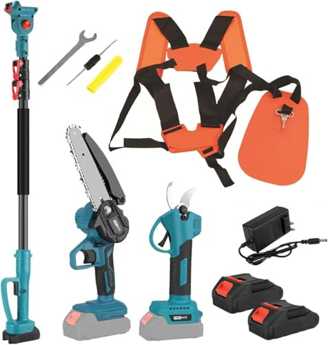 Scie à Perche sans Fil 3 en 1 Et Mini Tronçonneuse De 6 Pouces, avec Bandoulière De Tondeuse, 2 Batteries Et Chargeur Inclus, Coupe-Branches Haut Allongé pour Les Branches épaisses