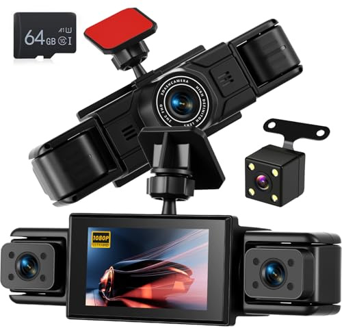 NHOPEEW Dash Cam a 4 canali 1080P – Telecamere anteriori, sinistre, destre e posteriori con grandangolo, display da 3, visione notturna IR, registrazione in loop, rilevamento del movimento