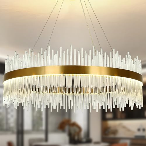 AOOCHOK Modern Crystal Chandelier Gold Ceiling Lights, LED Pendant Light Round, Crystal Hanging Lamp for Living Room, Dining Room, Restaurant, Φ80cm