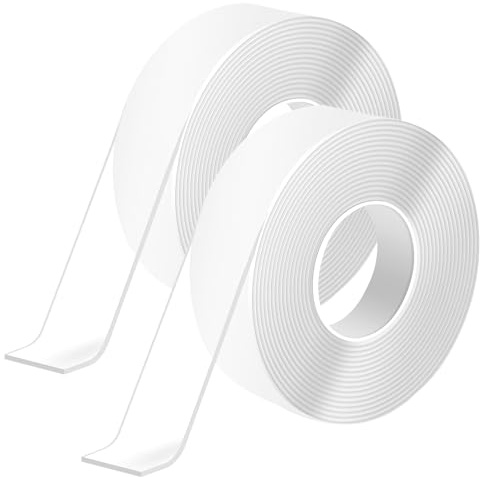2PCS Ruban Adhésif Réutilisable, 5M x 2CM x 1MM, Double Face Réutilisable et Lavable, Ruban Transparent Extra Fort Sans Traces pour Fixation Maison, Bureau, Cuisine, Bois, Métal, Plastique, Verre