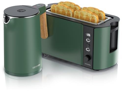 Arendo - Küchen Set - Edelstahl Wasserkocher mit Temperatureinstellung - Edelstahl Toaster Langschlitz 4 Scheiben – LED Display – Brötchenhalter - GS - grün