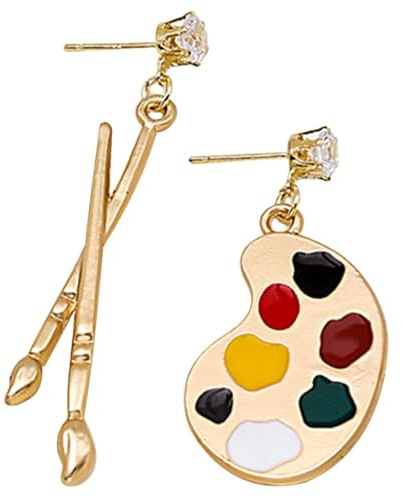1 Pair Women Drop Earrings Artist Paint Palette Brush Alloy | Funny Asymmetrical Design, Lightweight Golden Finish, Suitable for Graduation Week and Christmas