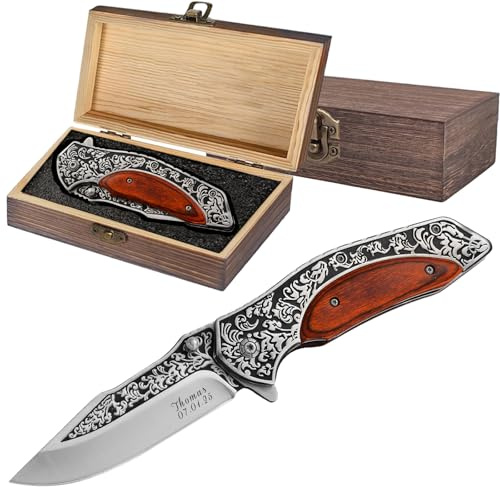 PolyYL Personalisiertes Klappmesser Taschenmesser aus Edelstahl mit Einem Holzgriff Als Geschenk für Männer Vatertag Geburtstag oder Weihnachte