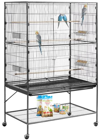 VEVOR Fågelbur 93 x 58 x 151 cm Aviary fåglar platt tak papegoja bur på fothjul för blå tit kanariefågel kanariefågel parakid, med sittpinnar skjutbricka matare