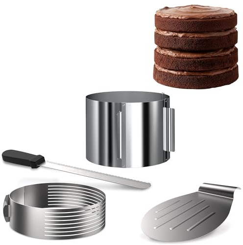 4smile Torten-Zubehör-Set 4 Teile - Tortenring verstellbar hoch 15 cm + Tortenboden Schneidehilfe Ring Ø 26/28 cm + Konditormesser + Tortenheber
