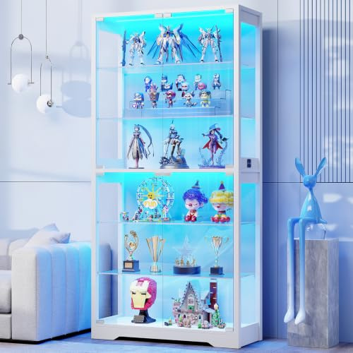 BROTTAR 71 Display Cabinets with Glass Door & Adjustable Glass Shelves | 6 Tier Glass Display Cabinets with 3 Color Lights,Display Curio Cabinet with Human Body Sensor for Playroom,Bedroom,White
