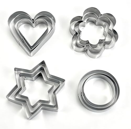 Qcdou Cookie Cutters, 12 Pcs Biscuit Cutters, Stainless Steel Pastry Cutters, Cookie Cutter Set with Heart, Star, Flower, Round Shapes, Biscuit Cutter for Baking Pastry Biscuits Cakes