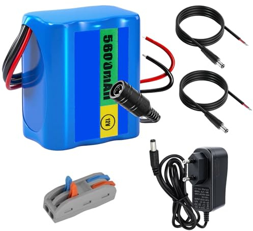 Batterie Lithium-ION 12,6 V 5600 mAh avec Chargeur et 2 Lignes de Connexion pour Panneau Solaire, Radio, appareils Photo, caméscopes, Orgue électronique, Lampe de Lecture DIY, Sonar