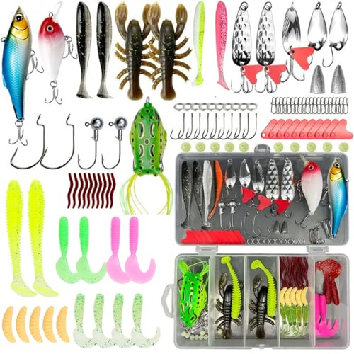 Unvtap Set di esche da pesca con scatola per esca, accessori da pesca, set completo con pesci in gomma, wobbler, spinner, frecce, esche per rana, ganci e girelle, per acqua dolce e salata, per