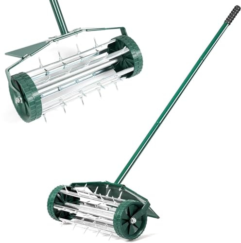 RELAX4LIFE Rasenlüfter Walze, Rasenbelüfter Metall, Handvertikutierer mit 3 cm Nägeln, Spritzschutz & Stiel, Rasenrolle Garten, Gartenwalze für verdichtete Böden & Rasenpflege, 46 x 23 x 127 cm, Grün
