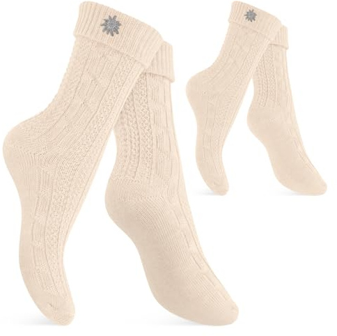 Celodoro Damen und Herren Trachten Socken (2 Paar) mit Edelweiß-Pin Oktoberfest Strümpfe - Weiß 43-46