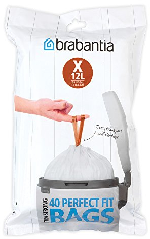Brabantia IdealFit Bin Liners (Size X/10-12 Litre) Ideal Quality Thick Plastic Trash Bags with Tie Tape Drawstring Handles (40 Bags)