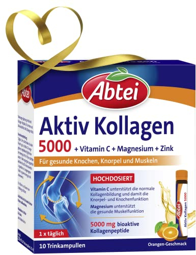 Abtei Aktiv Kollagen 5000 - Für gesunde Knochen, Knorpel und Muskeln - mit Vitamin C, Magnesium und Zink – laborgeprüft und zuckerfrei - 1 x 10 Trinkampullen à 25 ml