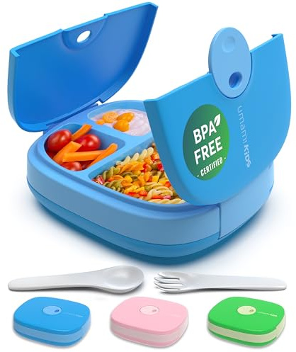 Umami Bento Box Kinder, 3 Fächern, Besteck, auslaufsicher, 3 bis 9 Jahre | 800ml, BPA-frei, spülmaschinenfest, leicht zu öffnen für kleine Hände, für Schule, Kindergarten, Blau