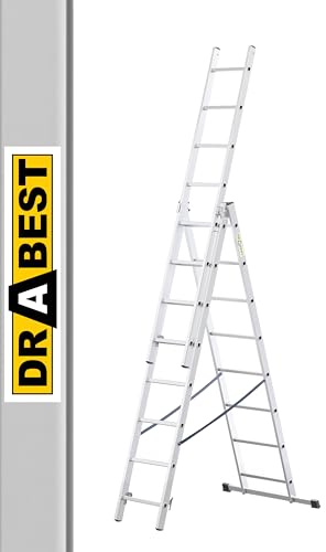 DRABEST - Hem - Aluminiumstege - 3x8 stegpinnar - Max. 4,02 m lång - Max. arbetshöjd 4,97 m - Upp till 150 kg - 3-delad - Multifunktionell, trappstegs, utdragbar hopfällbar stege - halkfri - justerbar