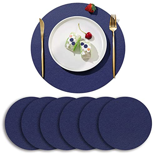 YONOVO Faux Leather Placemats 13.5 Wipe Clean Set of 6 (Navy Blue) | Stain-Proof, Non-Slip, Waterproof, Heat Resistant, Round, PU, Durable, For Kitchen Dining Table, Modern Design