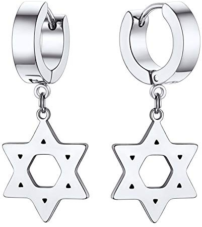 Aros delgados con estrella de david pendientes redondos hip hop acero inoxidable 316L para hombres círculos pequeños con colgante pentagrama regalo israel para reyes