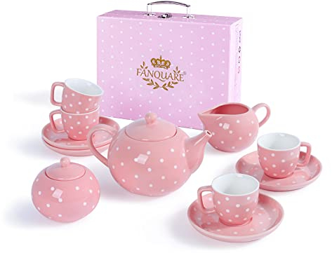 fanquare Juego de Té de Porcelana de 12 Piezas para Adultos, Niñas Pequeñas, Lunares Rosas, Juego de Té de la Tarde con Tetera, Taza y Estuche de Transporte