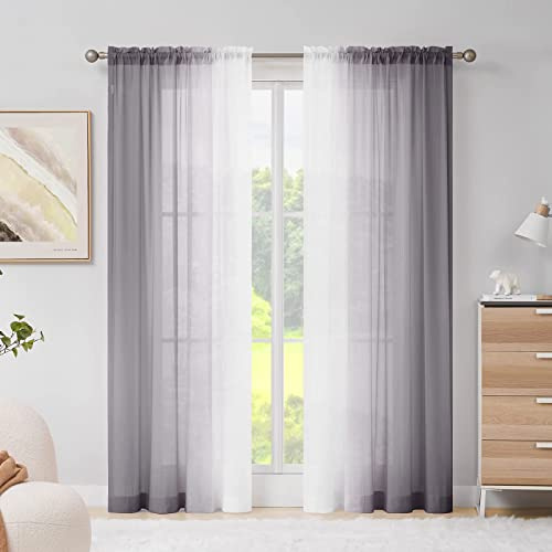 Melodieux Visillos Cortinas Transparentes Degradadas 2 Piezas, 140x245cm Gris/Blanco