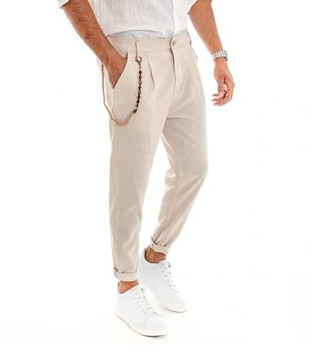 Giosal- Pantalone Elegante Uomo di Lino Tinta Unita con Catena,Modello Tasca America Vari Colori