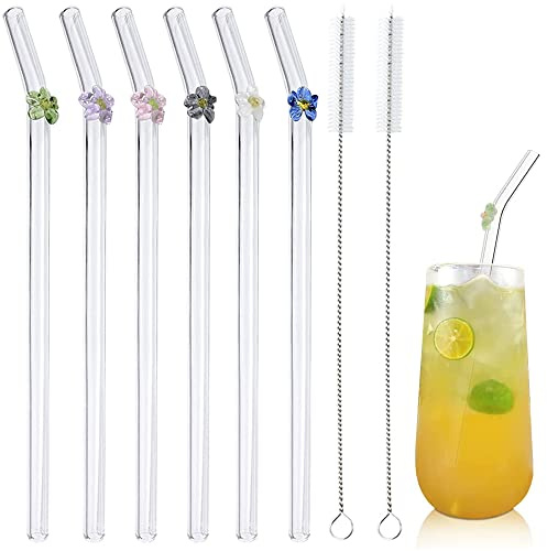 Glas Strohhalme Gebogen, 6 Stück Glas Strohhalme Wiederverwendbar, Glasstrohalme Mit Blumen, Trinkhalme Glas, Glastrinkhalm, Mit Bürste Geeignet Für Cocktails, Smoothies Und Säfte