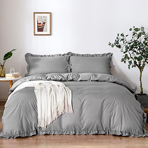 Lekesky Bettwäsche 200x200 Mikrofaser 3teilig - Bettwäsche-Sets 200 x 200 Winter Bettbezug mit 2x80x80 cm Kissenbezüge Warm, für Doppelbett mit Reißverschluss, Rüschen Grau