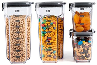 Progressive International ProKeeper+ 4-Piece Clear Plastic Modular Airtight Pantry Cereal Food/Snack Kitchen Storage Organization Container Canister Set