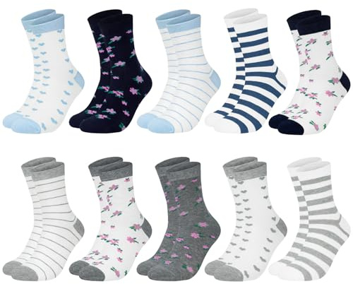 Chalier Cozy 10 Pairs Women's Socks with Multi Stripe Dot and Heart Patterns, Colorful Classic Ladies Socks Perfect Gifts for Women. One Size (Mixed color 4)