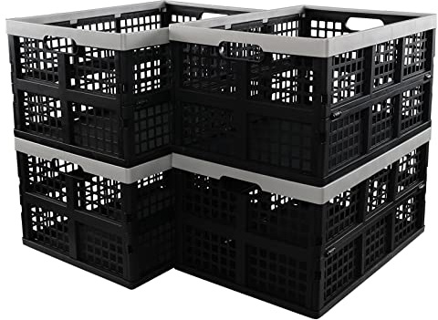 Afromy 4 Packs 40L Collapsible Storage Baskets, Utility Folding Milk Crates, Stackable Plastic Storage Bins, Black