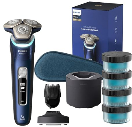 Philips Serie 9000 Afeitadora Eléctrica Hombre, Máquina de Afeitar Barba con Barbero, 60min de uso, En Seco y Húmedo, Recargable, Centro de Limpieza, Base Carga Iluminada, 4 Cartuchos, S9980/74, Azul