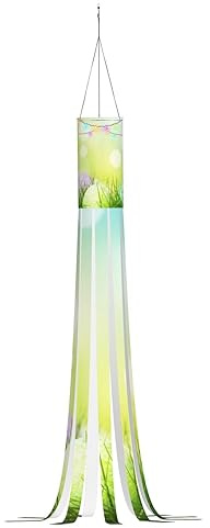 Eggs Spring Green Grass Print Halloween Windsock Flag 59 Inch Durable Novelty Outdoor Hanging Decor with Led Lights for Yard Patio Lawn Garden Party Supplies