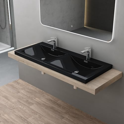 doporro Einbauwaschbecken Mineralguss Waschbecken BTH: 120x48x12cm in schwarz Gussmarmor Waschplatz Doppelwaschbecken Waschtisch Colossum03