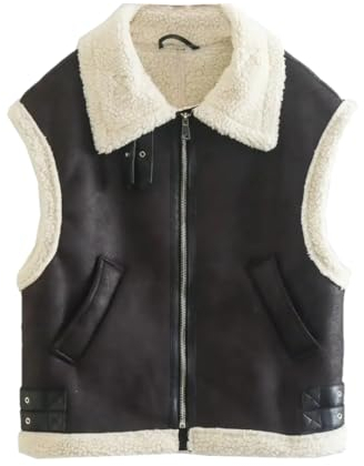 Ornrjfll Gilet en fausse peau de mouton chic pour femme - En polaire - Chaud - Automne et hiver, Noir , S