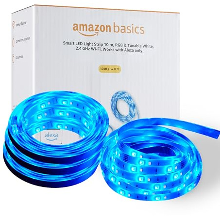 Amazon Basics Smart LED Light Strip 10m, RGB & Tunable White, Works with Alexa Only, Multicolor