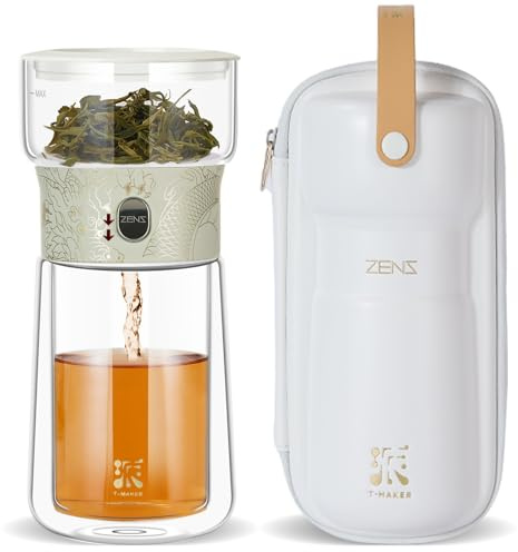 ZENS Cool Glass Teapot with Infuser, Smart One Touch Tea Maker for Loose Tea Diffusers with Insulated Mug and Portable Tea Kits, Enchanted Teapot Alternatives for Tea Lover Gifts