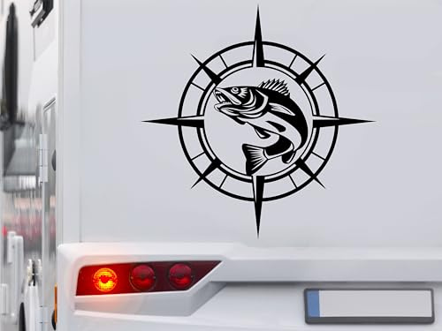 KLEBEKÖNIG Kompass Aufkleber - Fisch Angeln Angler - Wohnmobil Wohnwagen Camping Autoaufkleber Reisen Van Bus Dekor Caravan Wohnanhänger Camper