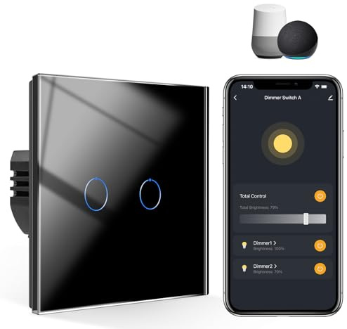 CNBINGO Double Smart Dimmer Switch, Black Glass WiFi Touch Light Switch | Voice Control by Alexa, Smart Life App, with Glass Wall Plate, Backlight, Neutral Wire Required, for Dimmable LED Light