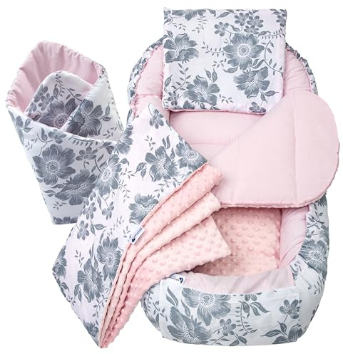 Medi Partners Riduttore Lettino Neonato - 100x60x15 Nido Antisoffoco Neonati 5-Parti Bozzolo Culla per Bebè Cuscino 100% Cotone (Berry Con Rosa Minky)